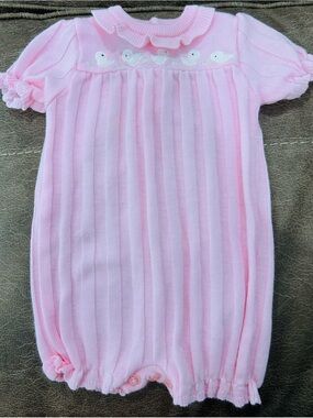 Itsy Bitsy Pink Knit Baby Romper with Duck Embroidery